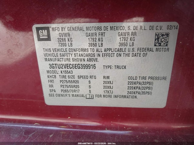2014 Gmc Sierra 1500 Slt მანქანა იყიდება აუქციონზე, vin: 3GTU2VEC6EG399916, აუქციონის ნომერი: 44679415