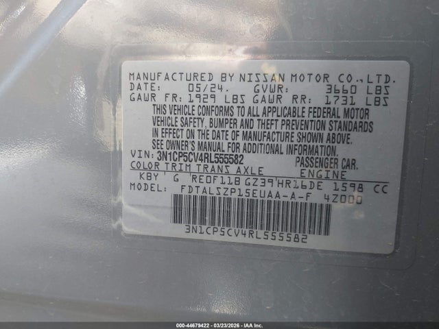 Aukcja sprzedaży 2024 Nissan Kicks Sv Xtronic Cvt, vin: 3N1CP5CV4RL555582, numer aukcji: 44679422