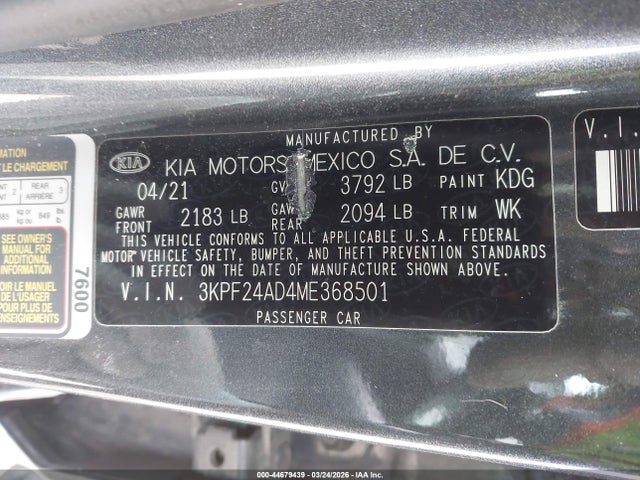 2021 Kia Forte Fe მანქანა იყიდება აუქციონზე, vin: 3KPF24AD4ME368501, აუქციონის ნომერი: 44679439