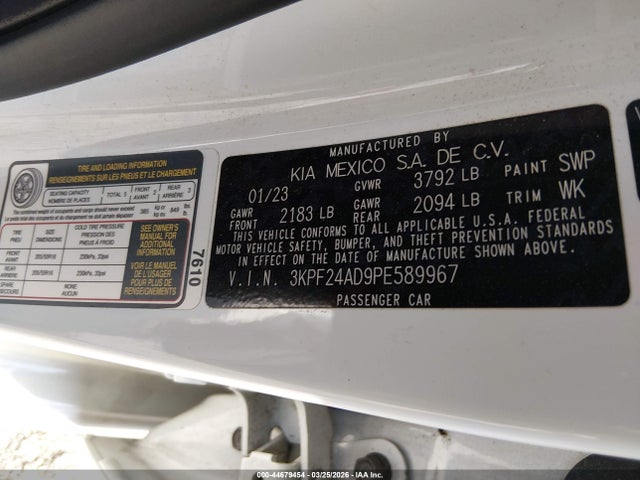 Aukcja sprzedaży 2023 Kia Forte Lxs, vin: 3KPF24AD9PE589967, numer aukcji: 44679454