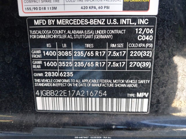 Aukcja sprzedaży 2007 Mercedes-benz Ml 320 Cdi 4matic, vin: 4JGBB22E17A216754, numer aukcji: 44679457