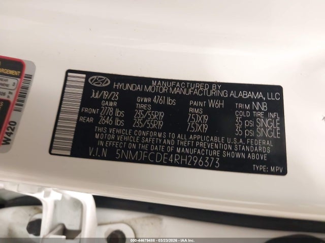 2024 Hyundai Tucson Sel მანქანა იყიდება აუქციონზე, vin: 5NMJFCDE4RH296373, აუქციონის ნომერი: 44679488