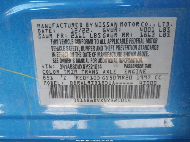 2022 Nissan Sentra Sr Xtronic Cvt მანქანა იყიდება აუქციონზე, vin: 3N1AB8DVXNY321014, აუქციონის ნომერი: 44679493