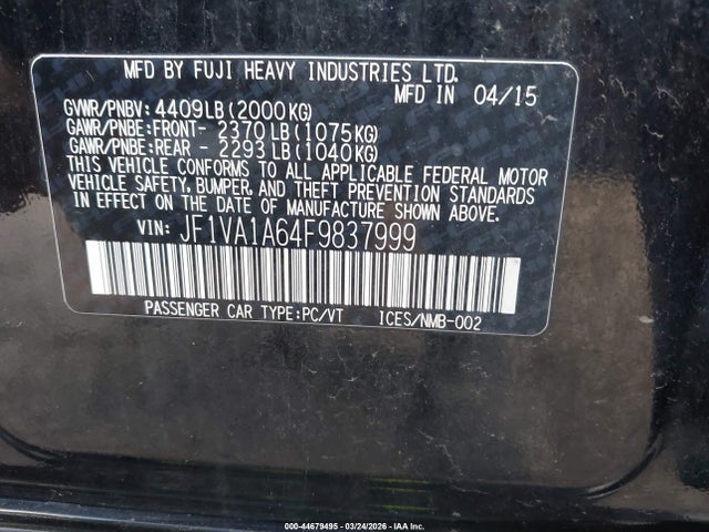 2015 Subaru Wrx მანქანა იყიდება აუქციონზე, vin: JF1VA1A64F9837999, აუქციონის ნომერი: 44679495