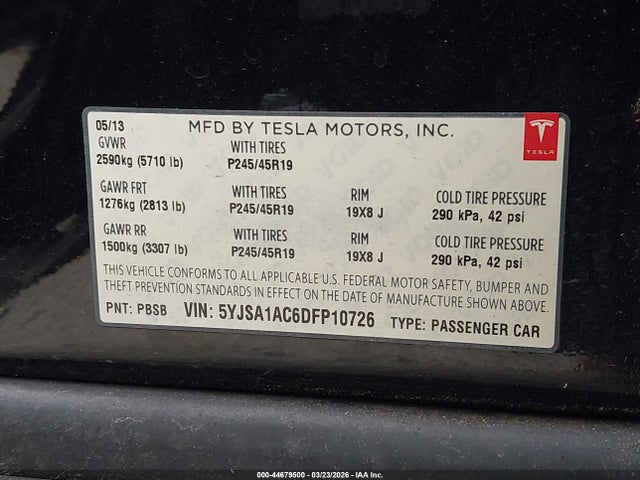 44679500 :رقم المزاد ، 5YJSA1AC6DFP10726 vin ، 2013 Tesla Model S مزاد بيع