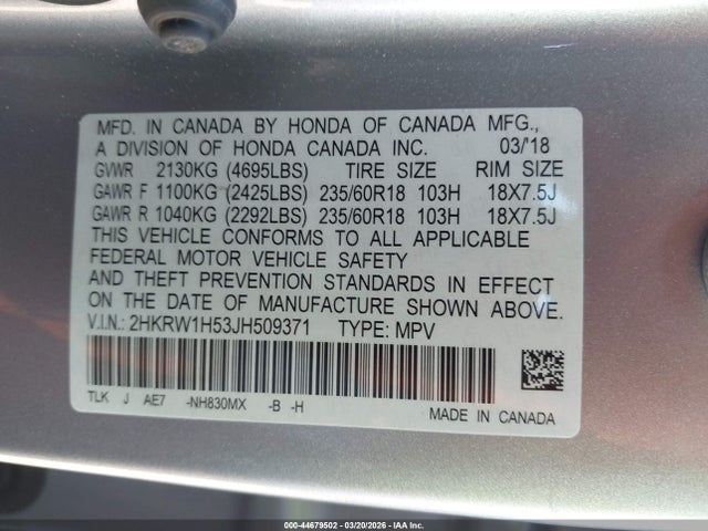 2HKRW1H53JH509371 Honda CR-V EX