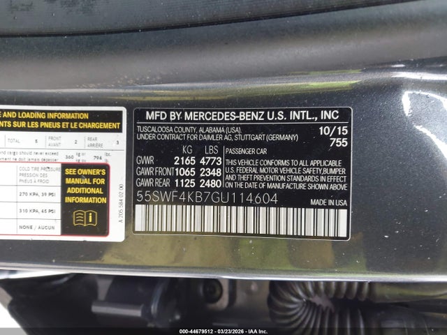 44679512 :رقم المزاد ، 55SWF4KB7GU114604 vin ، 2016 Mercedes-benz C 300 4matic مزاد بيع