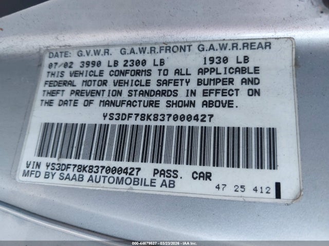 2003 SAAB 9-3 YS3DF78K837000427 Photo 8