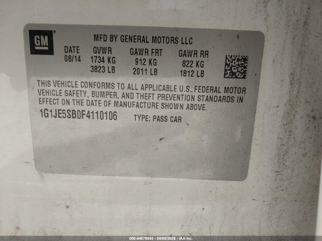 2015 Chevrolet Sonic Ltz Auto მანქანა იყიდება აუქციონზე, vin: 1G1JE5SB0F4110106, აუქციონის ნომერი: 44679545