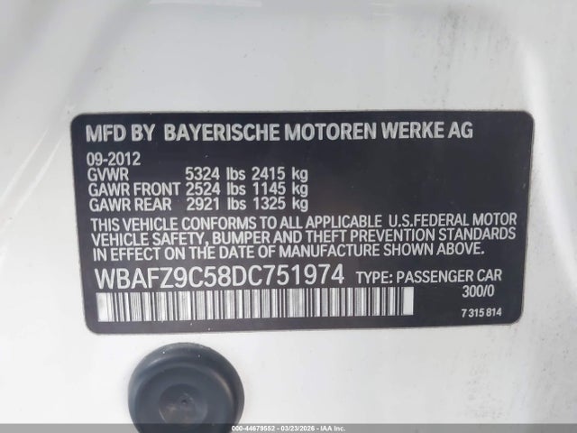 Aukcja sprzedaży 2013 Bmw Activehybrid 5, vin: WBAFZ9C58DC751974, numer aukcji: 44679552