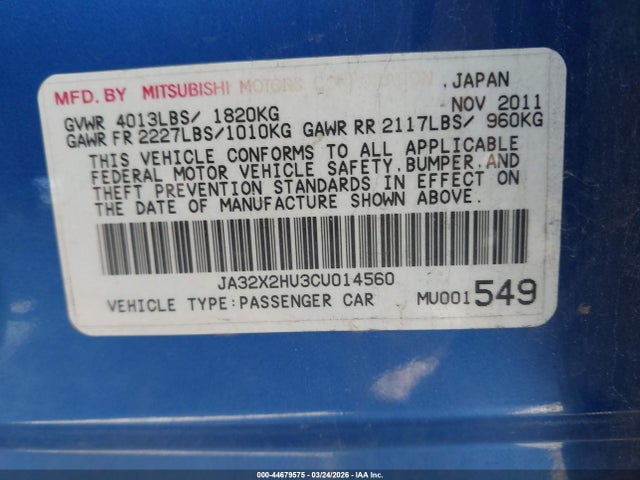 44679575 :رقم المزاد ، JA32X2HU3CU014560 vin ، 2012 Mitsubishi Lancer Sportback Es مزاد بيع