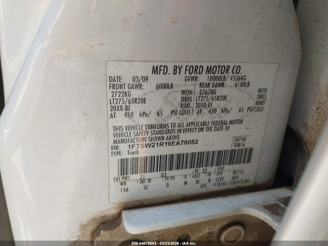 Продажа на аукционе авто 2009 Ford F-250 Fx4/harley-davidson/king Ranch/lariat/xl/xlt, vin: 1FTSW21R19EA76052, номер лота: 44679582