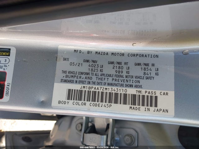 44679583 :رقم المزاد ، JM1BPAA72M1343110 vin ، 2021 Mazda Mazda3 2.0 مزاد بيع