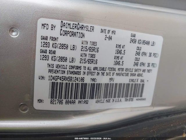 Продаж на аукціоні авто 2005 Dodge Caravan Sxt, vin: 1D4GP45RX5B124106, номер лоту: 44679593