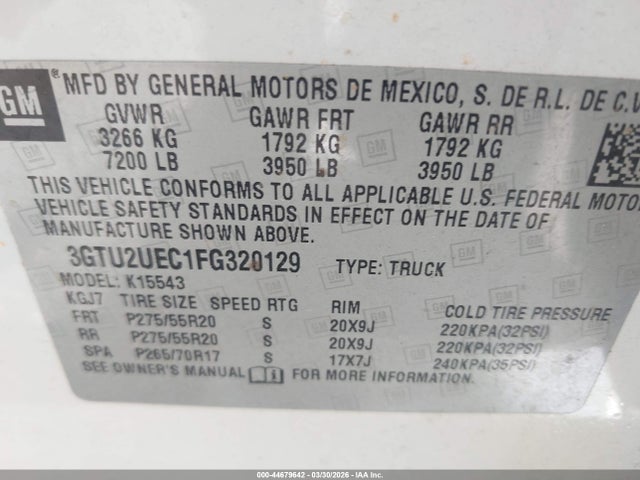 Продажа на аукционе авто 2015 Gmc Sierra 1500 Sle, vin: 3GTU2UEC1FG320129, номер лота: 44679642