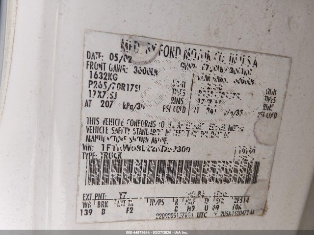 Aukcja sprzedaży 2002 Ford F-150 Lariat/xlt, vin: 1FTRW08L22KD59300, numer aukcji: 44679644