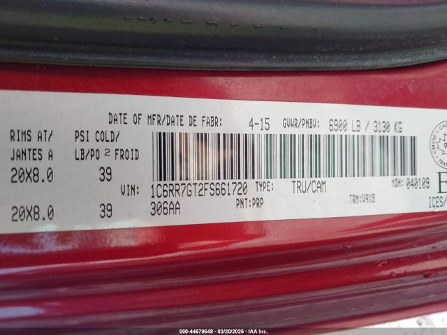 Продаж на аукціоні авто 2015 Ram 1500 Slt, vin: 1C6RR7GT2FS661720, номер лоту: 44679649