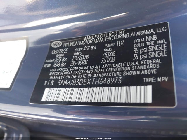Aukcja sprzedaży 2026 Hyundai Tucson Sel, vin: 5NMJB3DEXTH648973, numer aukcji: 44679652
