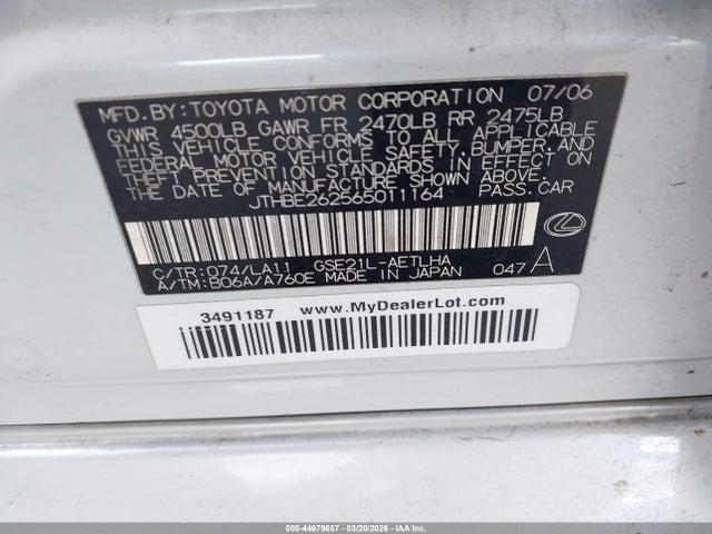 Aukcja sprzedaży 2006 Lexus Is 350, vin: JTHBE262565011164, numer aukcji: 44679657