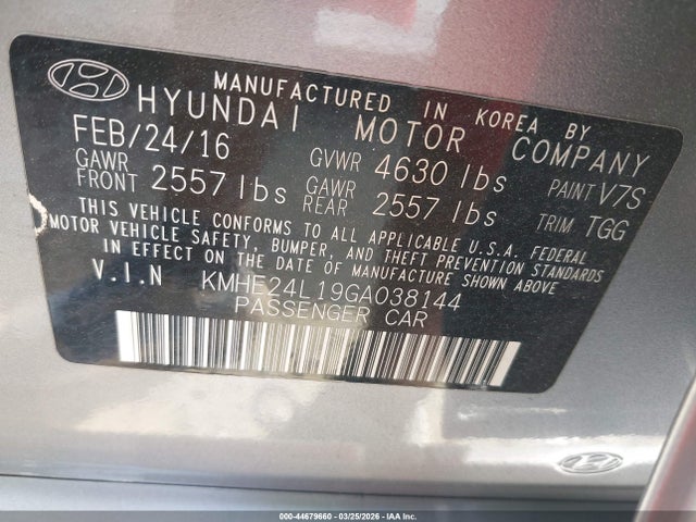 Aukcja sprzedaży 2016 Hyundai Sonata Hybrid Se, vin: KMHE24L19GA038144, numer aukcji: 44679660