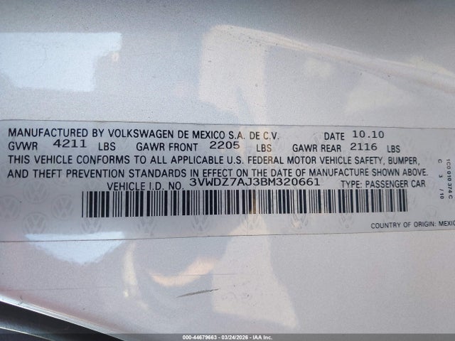 Aukcja sprzedaży 2011 Volkswagen Jetta 2.5l Se, vin: 3VWDZ7AJ3BM320661, numer aukcji: 44679663