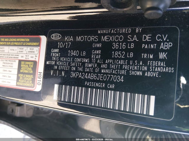 3KPA24AB6JE077034 KIA RIO S
