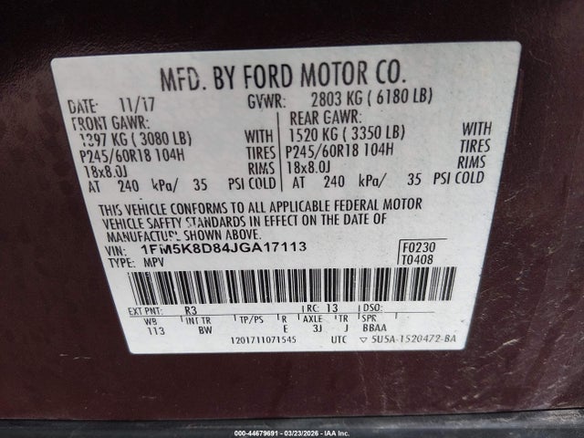 1FM5K8D84JGA17113 Ford EXPLORER XLT