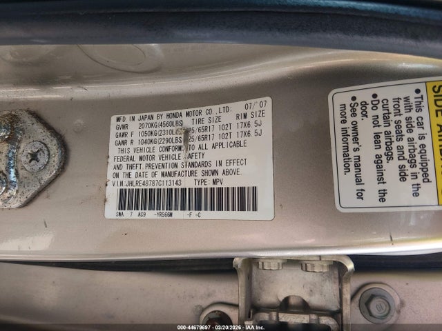 Aukcja sprzedaży 2007 Honda Cr-v Ex-l, vin: JHLRE48787C113143, numer aukcji: 44679697