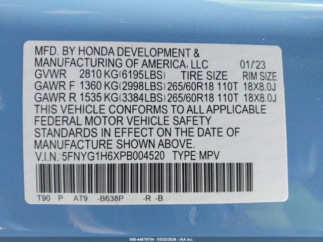 Продажа на аукционе авто 2023 Honda Pilot Awd Trailsport, vin: 5FNYG1H6XPB004520, номер лота: 44679704
