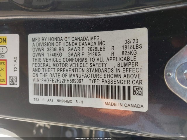 2023 Honda Civic Lx მანქანა იყიდება აუქციონზე, vin: 2HGFE2F22PH569097, აუქციონის ნომერი: 44679727