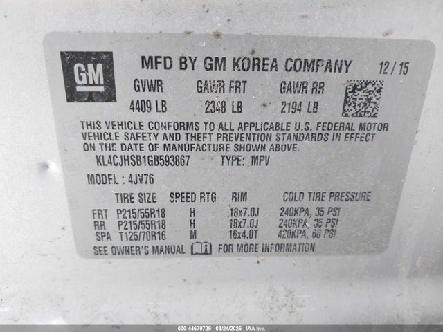 44679729 :رقم المزاد ، KL4CJHSB1GB593867 vin ، 2016 Buick Encore Premium مزاد بيع