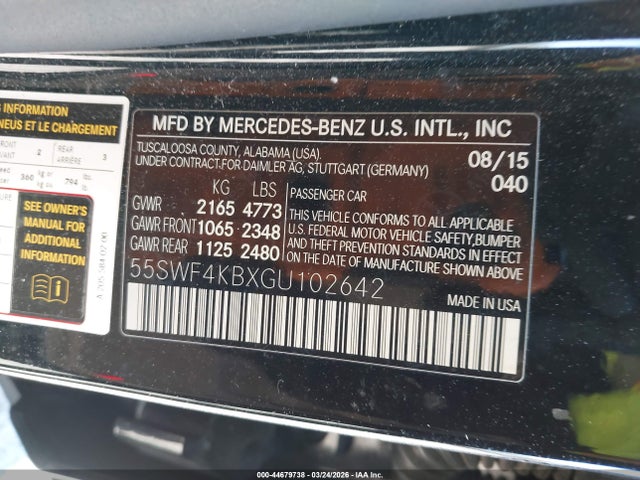 2016 Mercedes-benz C 300 4matic მანქანა იყიდება აუქციონზე, vin: 55SWF4KBXGU102642, აუქციონის ნომერი: 44679738