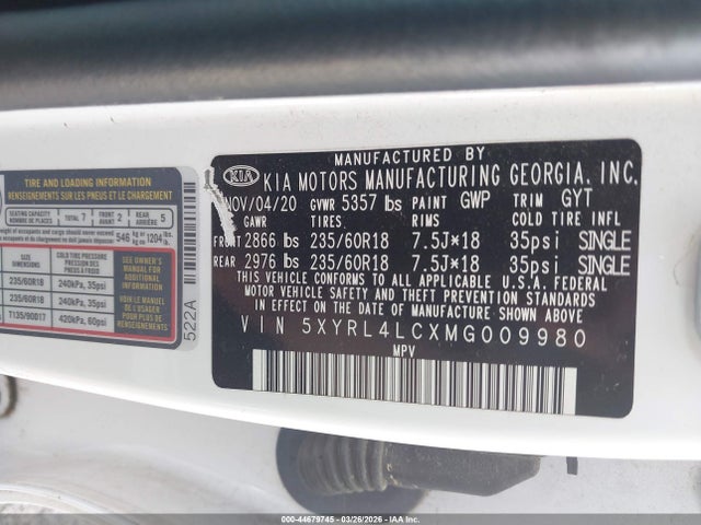 2021 Kia Sorento S მანქანა იყიდება აუქციონზე, vin: 5XYRL4LCXMG009980, აუქციონის ნომერი: 44679745