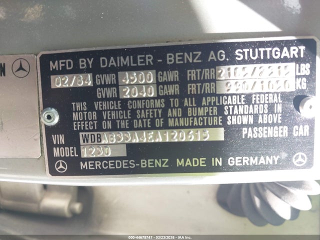 1984 Mercedes-benz 300 Dt მანქანა იყიდება აუქციონზე, vin: WDBAB33A4EA120615, აუქციონის ნომერი: 44679747