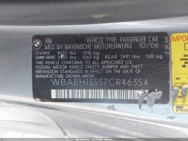 Aukcja sprzedaży 2007 Bmw 650i, vin: WBAEH13557CR46354, numer aukcji: 44679763