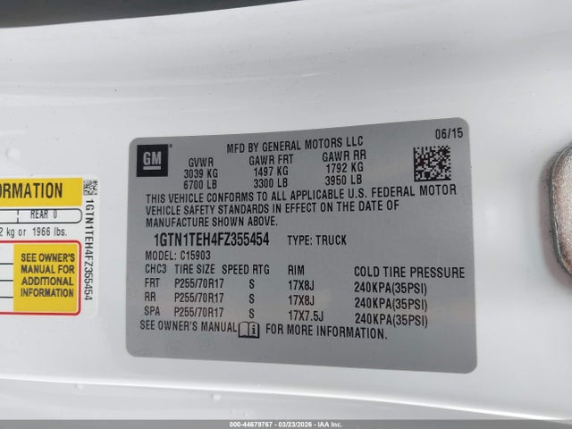 44679767 :رقم المزاد ، 1GTN1TEH4FZ355454 vin ، 2015 Gmc Sierra 1500 مزاد بيع