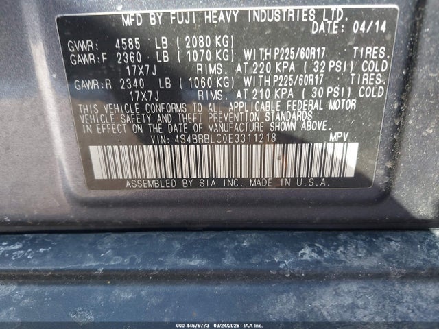 Subaru Outback 2.5i Limited 2014 4S4BRBLC0E3311218 Image 9
