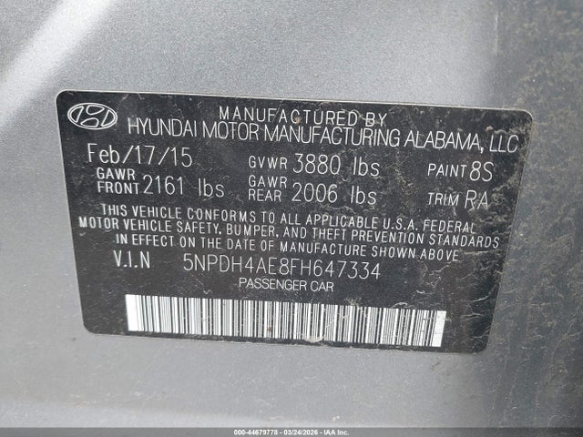 2015 Hyundai Elantra Se მანქანა იყიდება აუქციონზე, vin: 5NPDH4AE8FH647334, აუქციონის ნომერი: 44679778