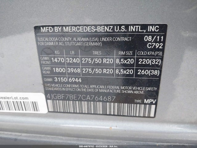 44679782 :رقم المزاد ، 4JGBF7BE7CA764687 vin ، 2012 Mercedes-benz Gl 450 4matic مزاد بيع