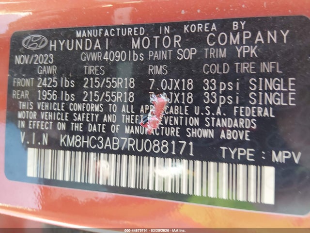 Auction sale of the 2024 Hyundai Kona Sel, vin: KM8HC3AB7RU088171, lot number: 44679791