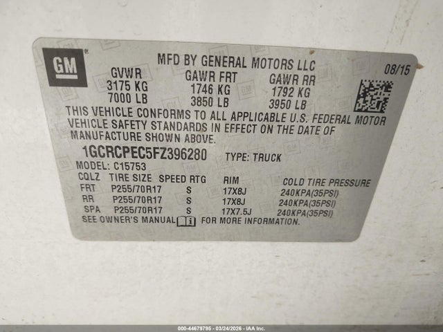1GCRCPEC5FZ396280 Chevrolet Silverado 1500 Wt