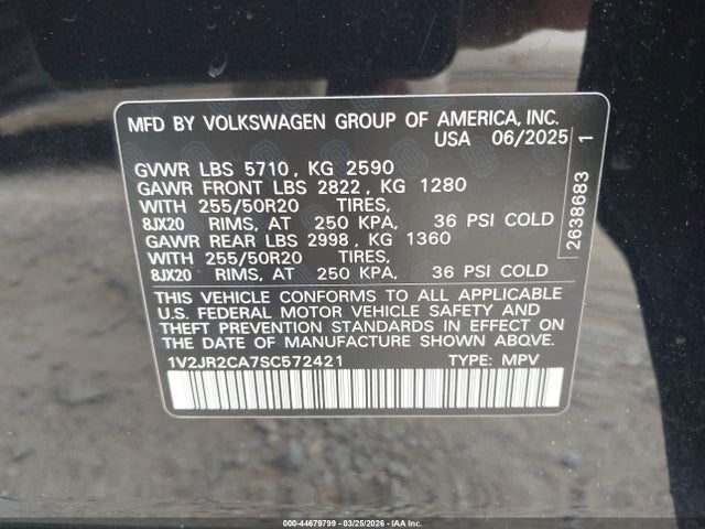 Продаж на аукціоні авто 2025 Volkswagen Atlas 2.0t Se W/technology, vin: 1V2JR2CA7SC572421, номер лоту: 44679799