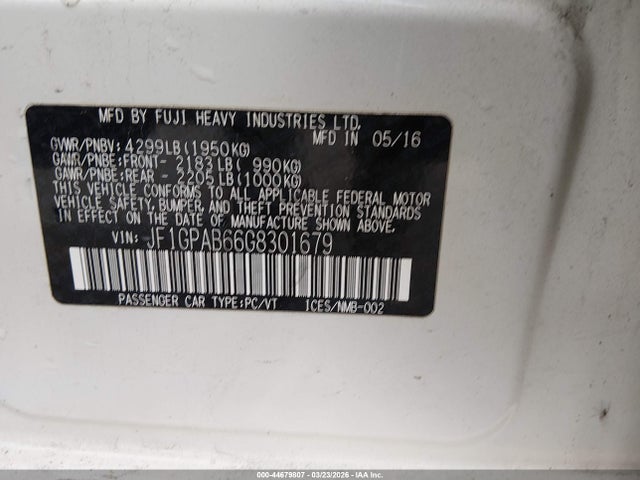 Продажа на аукционе авто 2016 Subaru Impreza 2.0i Premium, vin: JF1GPAB66G8301679, номер лота: 44679807