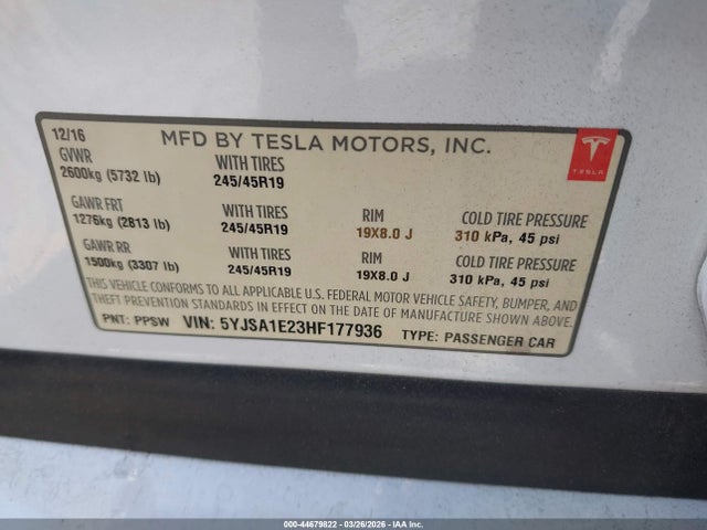 44679822 :رقم المزاد ، 5YJSA1E23HF177936 vin ، 2017 Tesla Model S 100d/60d/75d/90d/p100d مزاد بيع