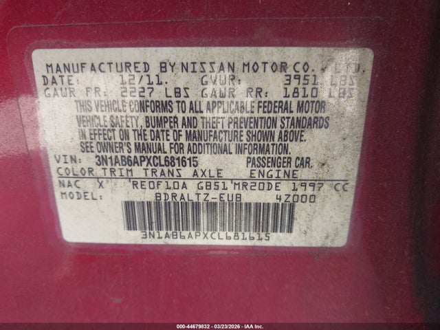 Продаж на аукціоні авто 2012 Nissan Sentra 2.0 S, vin: 3N1AB6APXCL681615, номер лоту: 44679832