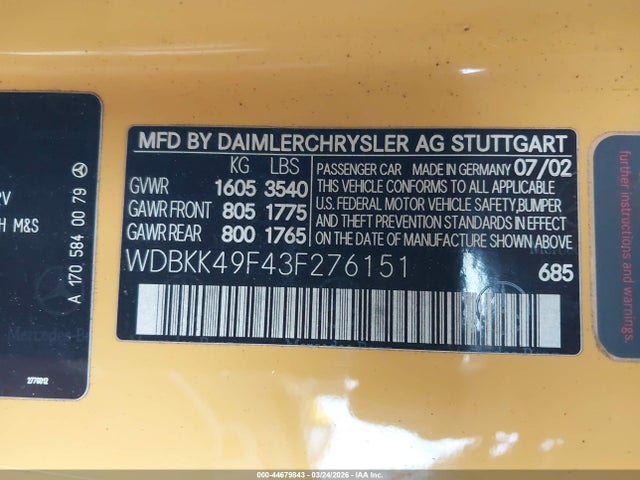 Продажа на аукционе авто 2003 Mercedes-benz Slk 230 Kompressor, vin: WDBKK49F43F276151, номер лота: 44679843