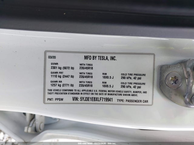 44679860 :رقم المزاد ، 5YJ3E1EBXLF719941 vin ، 2020 Tesla Model 3 Long Range Dual Motor All-wheel Drive مزاد بيع
