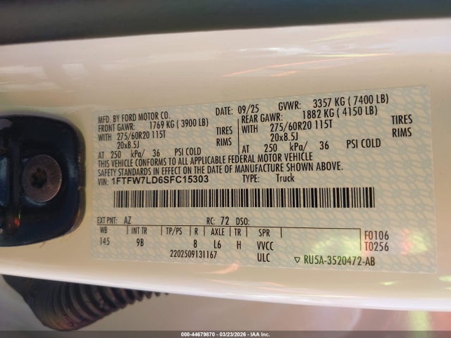 Aukcja sprzedaży 2025 Ford F-150 Platinum, vin: 1FTFW7LD6SFC15303, numer aukcji: 44679870