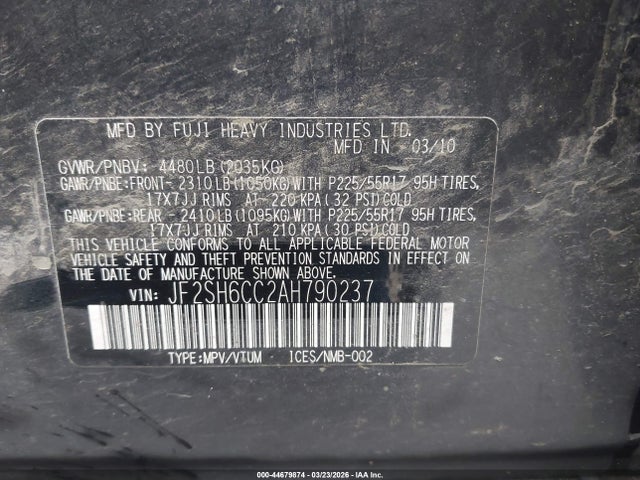 2010 Subaru Forester 2.5x Premium მანქანა იყიდება აუქციონზე, vin: JF2SH6CC2AH790237, აუქციონის ნომერი: 44679874