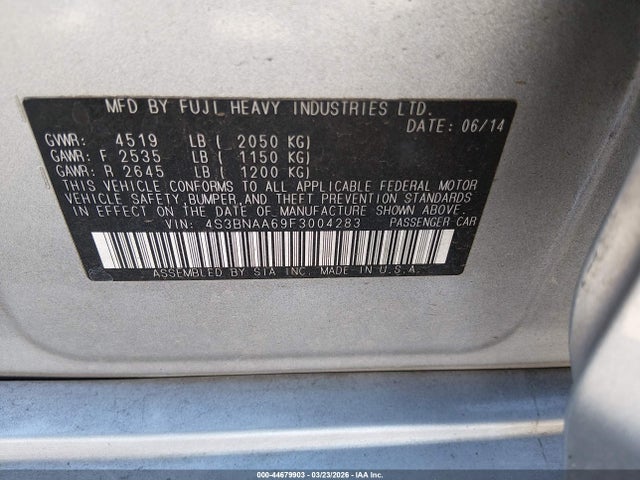 2015 Subaru Legacy 2.5i მანქანა იყიდება აუქციონზე, vin: 4S3BNAA69F3004283, აუქციონის ნომერი: 44679903